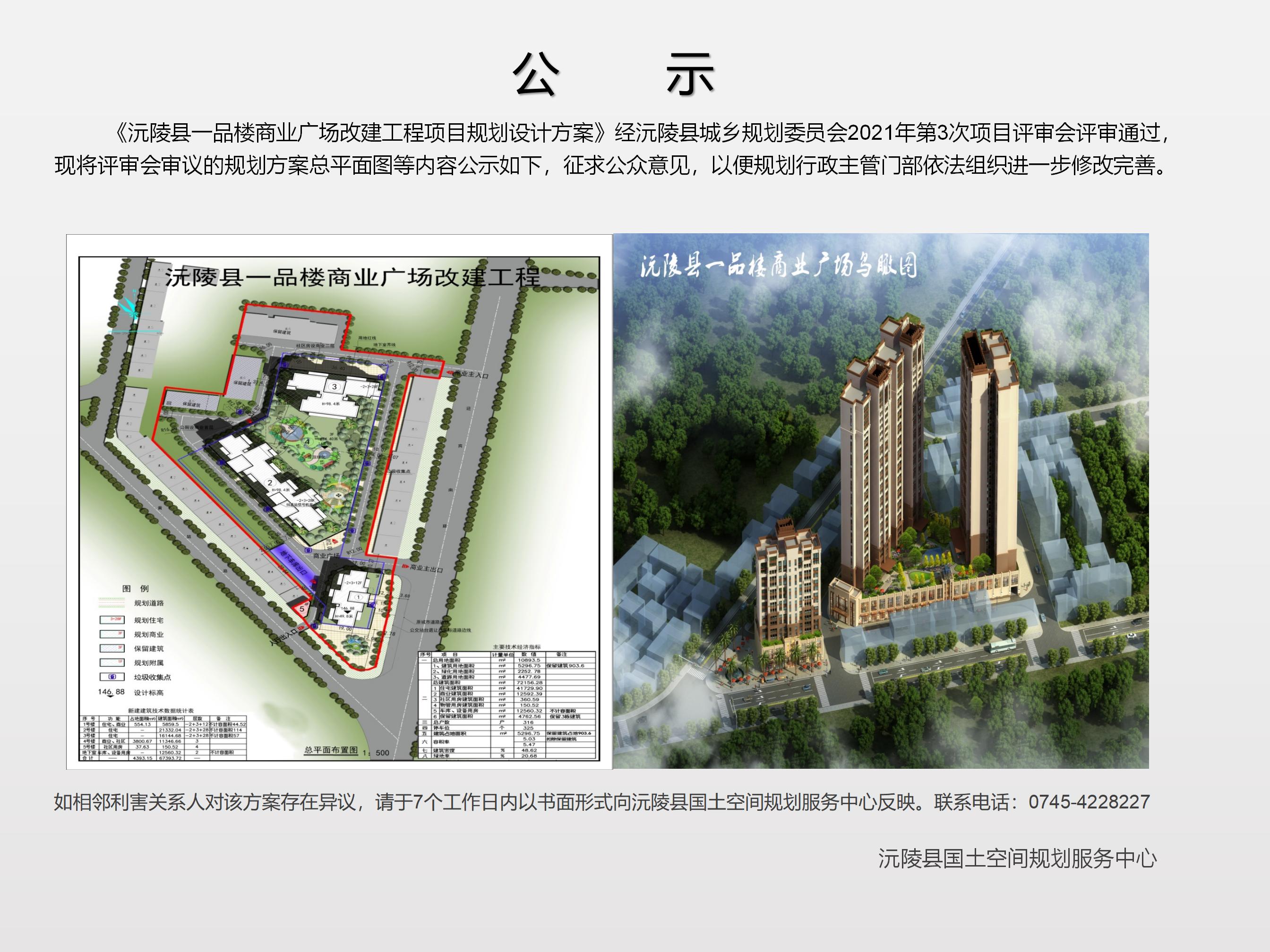 沅陵县一品楼商业广场改建工程项目规划设计方案公示